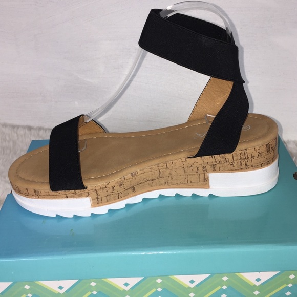 NIB Black Wedge Platform Sandals Stacked Cork Look Elastic Anna - Picture 4 of 14